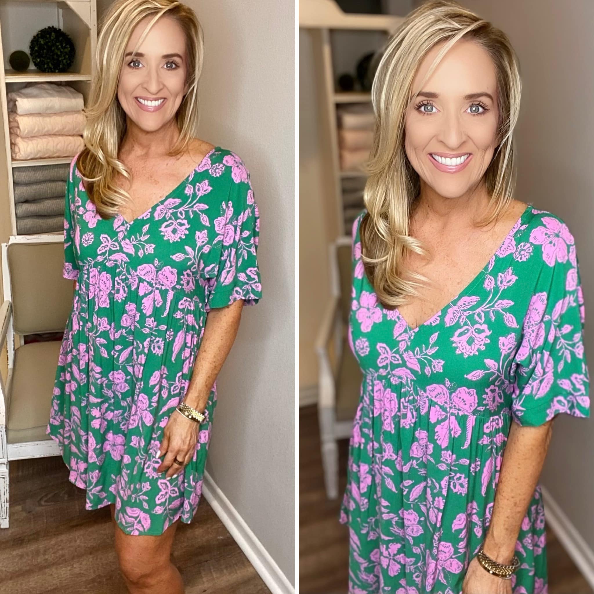 Green With Pink Roses V Neck Dress
