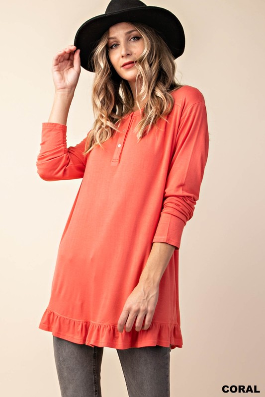 Coral Button Down Top With Ruffle Bottom