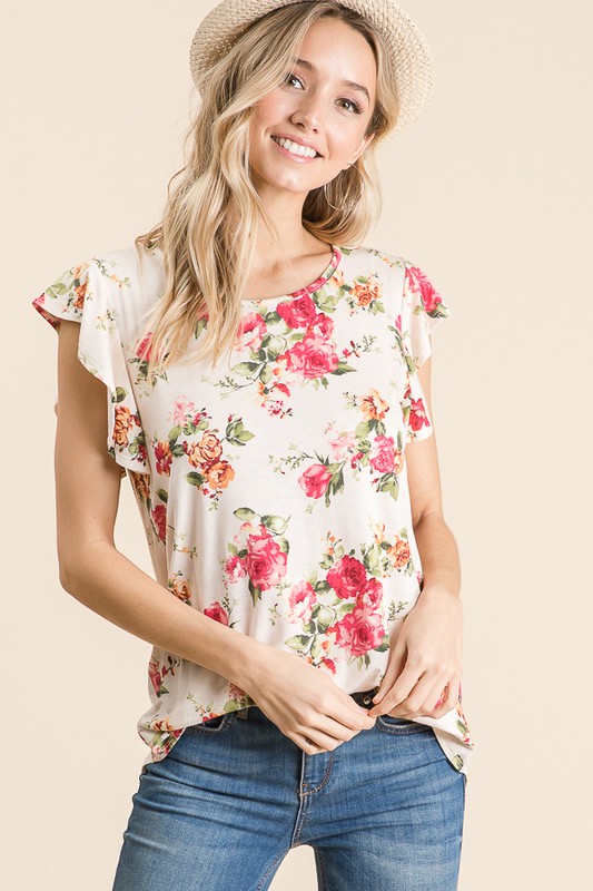 Floral Short Sleeve Ruffle Top