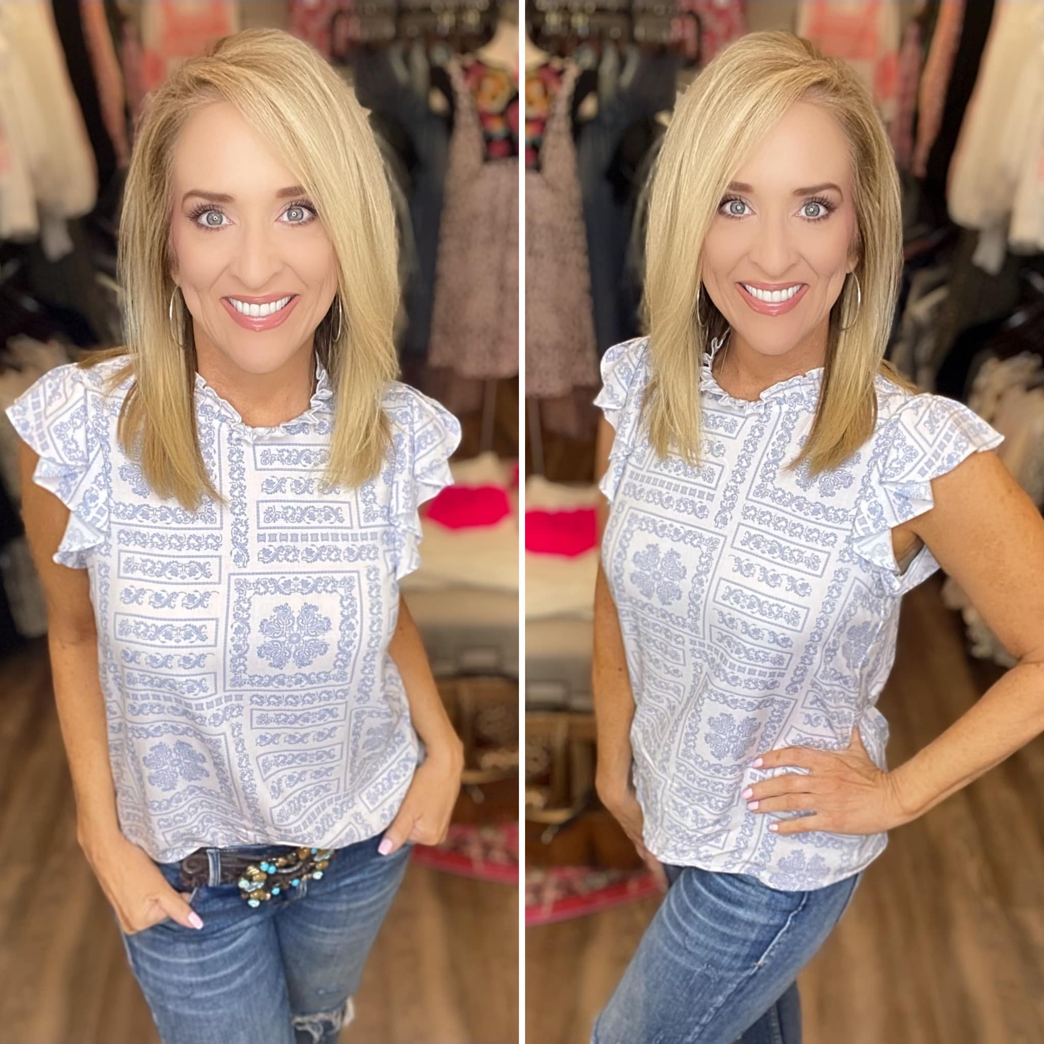 Ivory and Navy Print Flutter Sleeve Blouse