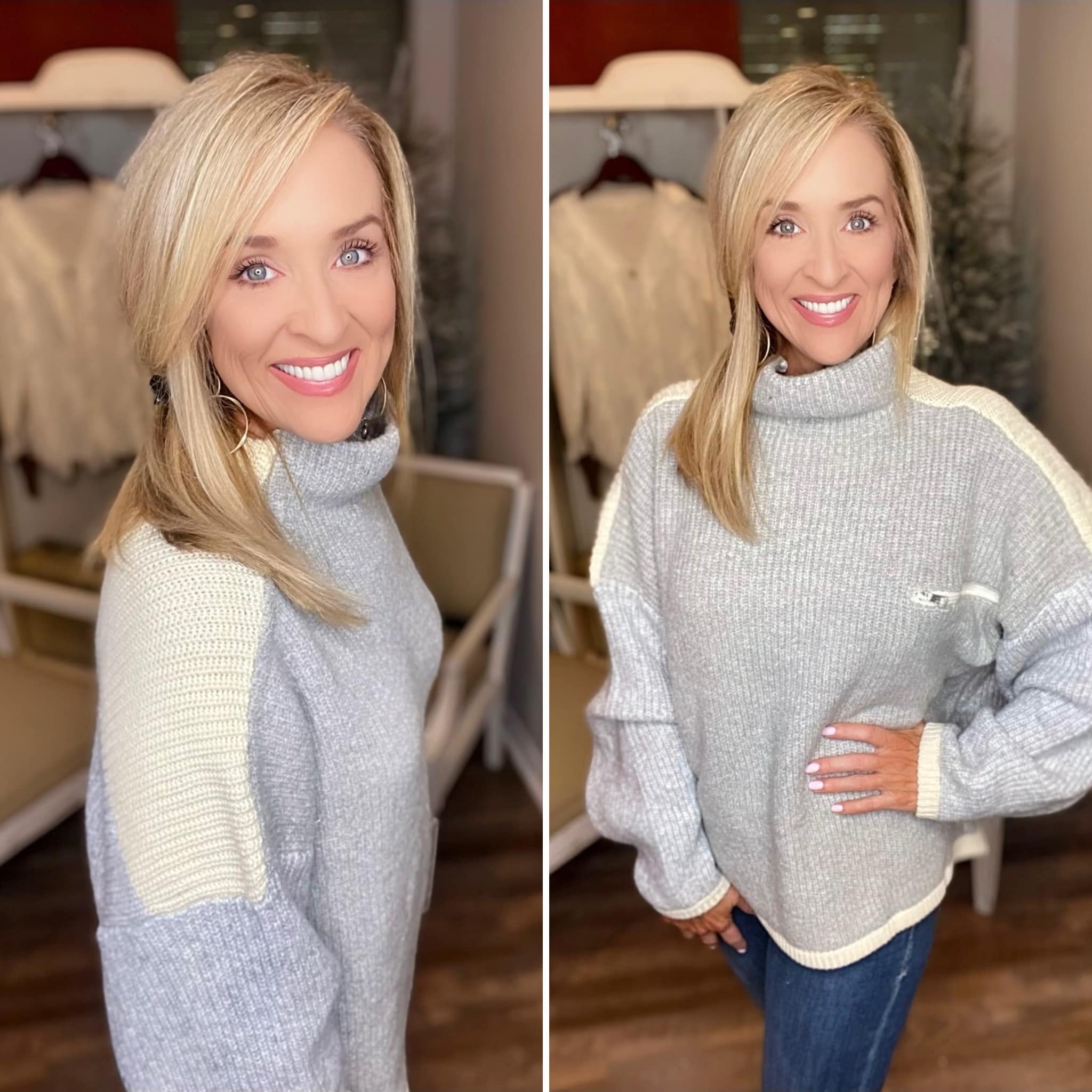 Ivory and Grey Color Block Sweater
