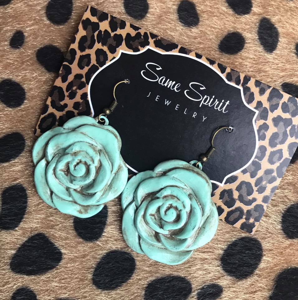 SAME SPIRIT Muted Turquoise Cabbage Rose Earrings
